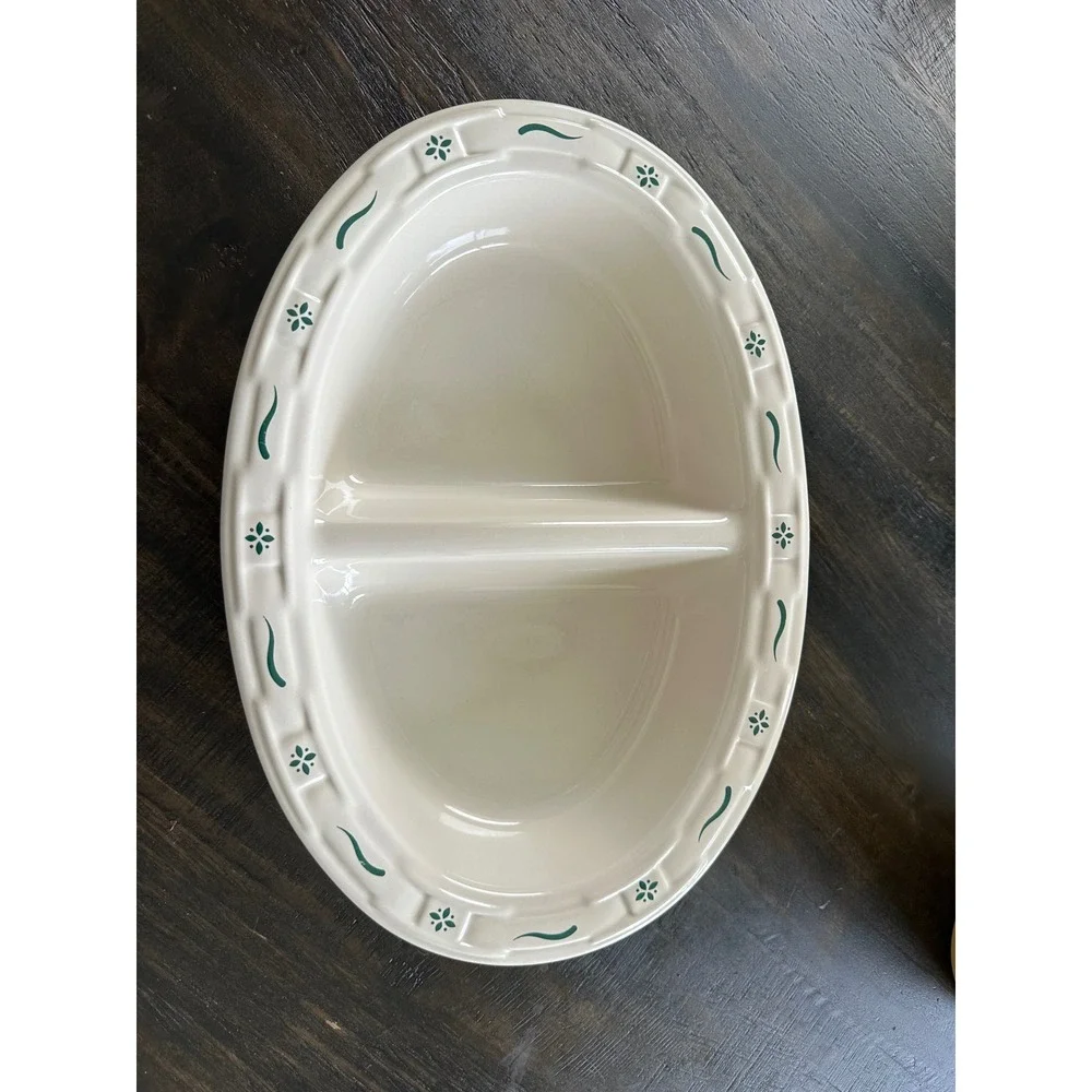 Longaberger HERITAGE GREEN Divided Serving Bowl Dish‎ USA  EUC